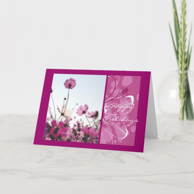 Pink flowers floral nature happy holidays designer card (Front)