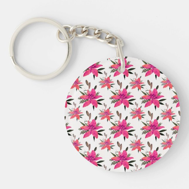 Pink Flowers Floral Pattern Design Key Ring (Front)