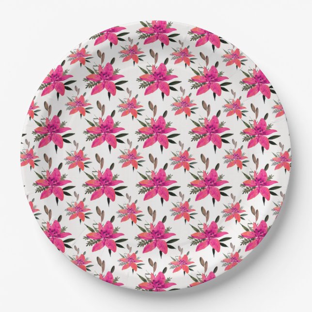 Pink Flowers Floral Pattern Design Paper Plate (Front)