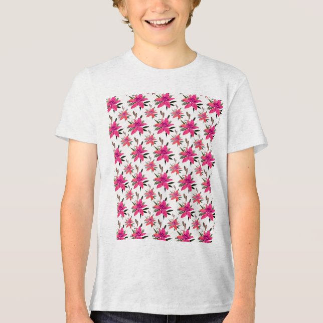 Pink Flowers Floral Pattern Design Tri-Blend Shirt (Front)