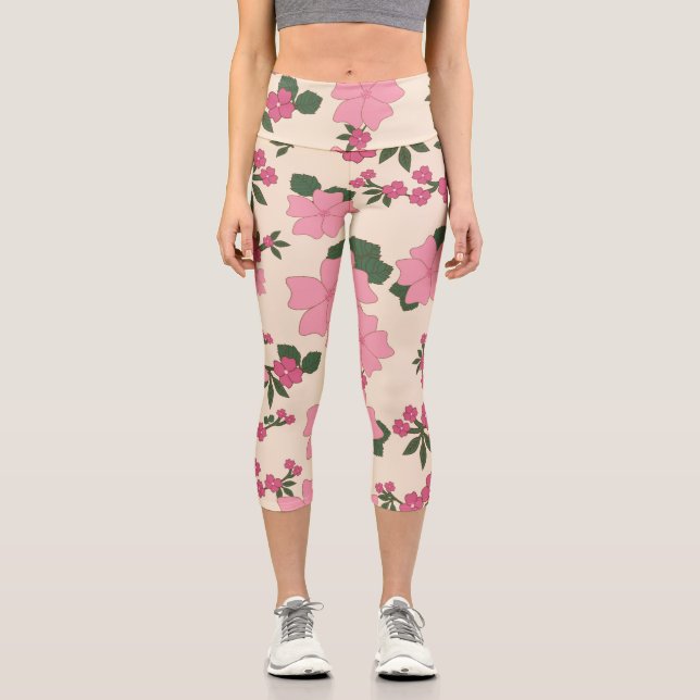 Pink Flowers, Floral Pattern, Pattern Of Flowers Capri Leggings (Front)