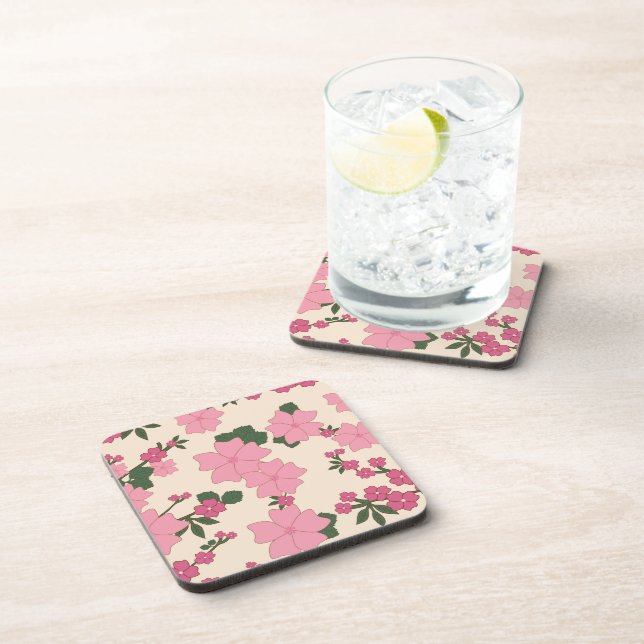 Pink Flowers, Floral Pattern, Pattern Of Flowers Coaster (Right Side)