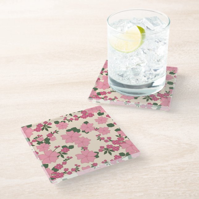 Pink Flowers, Floral Pattern, Pattern Of Flowers Glass Coaster (Angled)