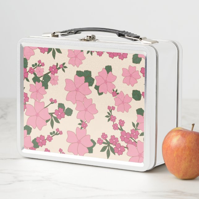 Pink Flowers, Floral Pattern, Pattern Of Flowers Metal Lunch Box (In Situ)