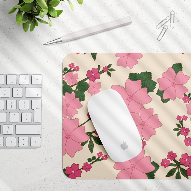 Pink Flowers, Floral Pattern, Pattern Of Flowers Mouse Mat (Creator Uploaded)