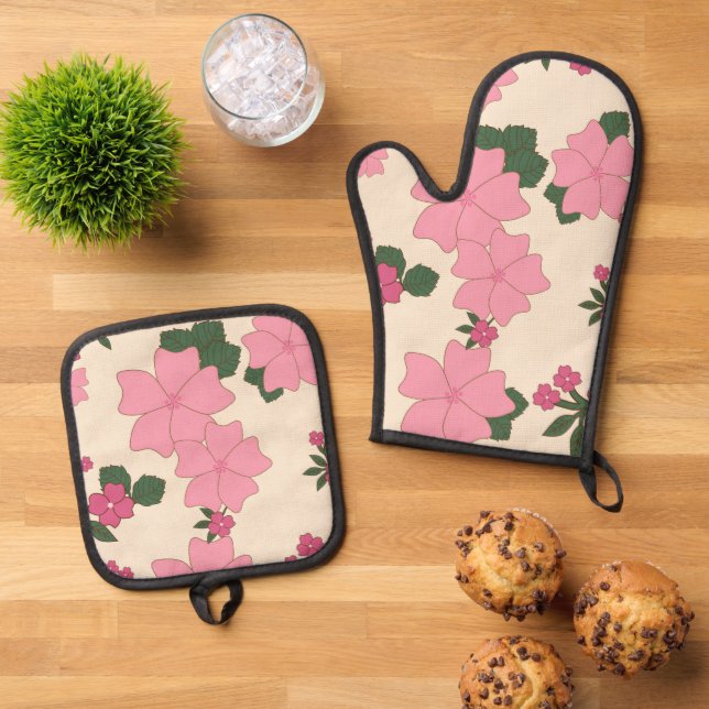 Pink Flowers, Floral Pattern, Pattern Of Flowers Oven Mitt & Pot Holder Set (Top Down)