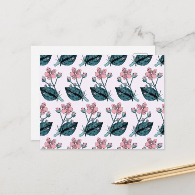Pink Flowers, Floral Pattern, Pattern Of Flowers Postcard (Front/Back In Situ)