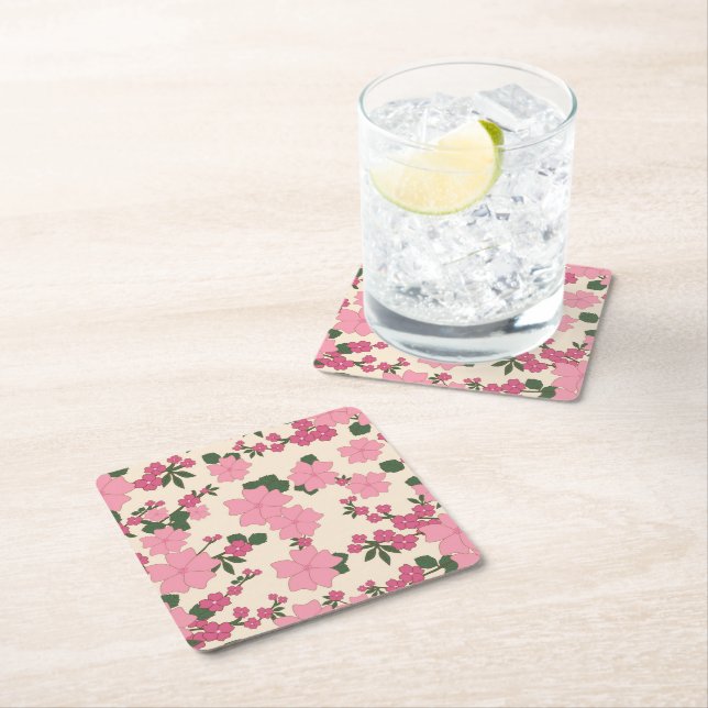 Pink Flowers, Floral Pattern, Pattern Of Flowers Square Paper Coaster (Insitu)