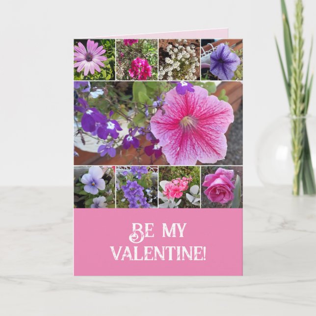 Pink Flowers Floral Rose Petunia Be My Valentine Card (Front)