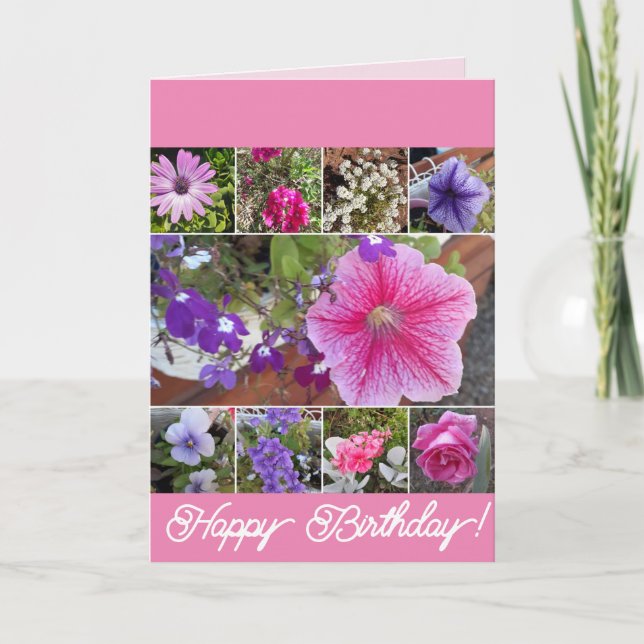 Pink Flowers Floral Rose Petunia Daisy Birthday Card (Front)
