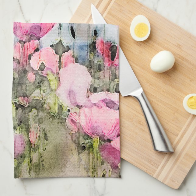 Pink Flowers Floral Watercolor Art Tea Towel (Quarter Fold)