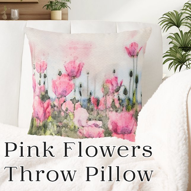 Pink Flowers Floral Watercolor Cushion (Pink Flowers Floral Watercolor Throw Pillow)