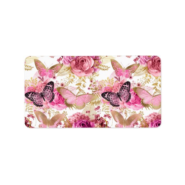 Pink Flowers Flying Butterfly Golden Accents Label (Front)
