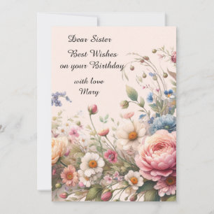 Pink Flowers For Sister Birthday Flat Card