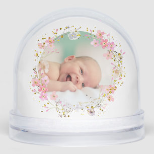 pink flowers frame Baptism thank you  Snowglobe