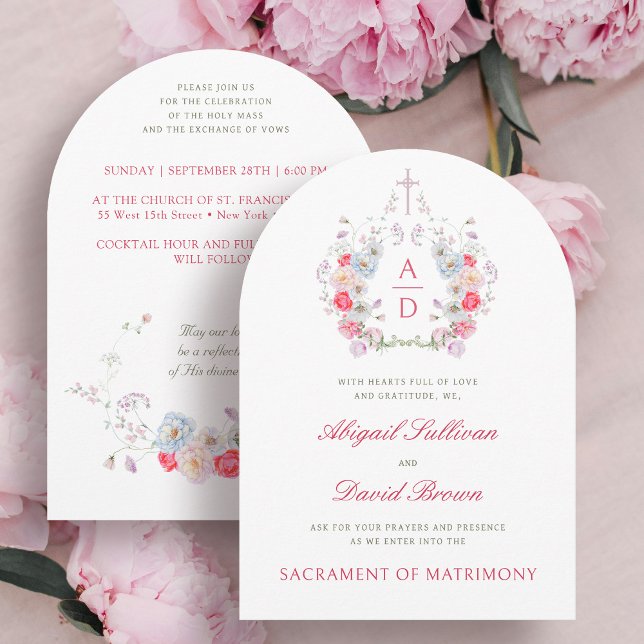 Pink Flowers Frame Catholic Wedding Invitation (Creator Uploaded)