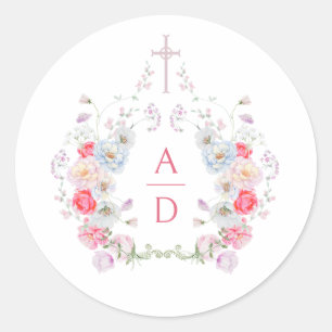 Pink Flowers Frame Religious Wedding Monograms Classic Round Sticker