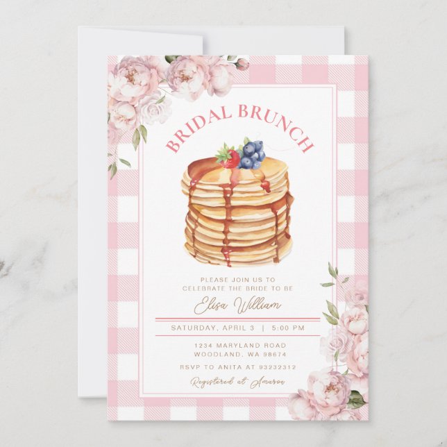 Pink Flowers Fruit Pancake Bridal Shower Brunch  Invitation (Front)