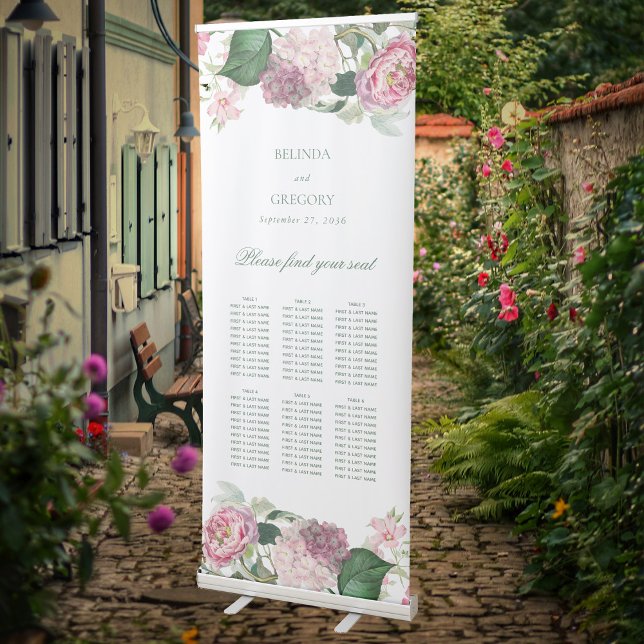 Pink Flowers Garden Wedding Seating Chart Retractable Banner (Pink Flowers Garden Wedding Seating Chart Retractable Banner)