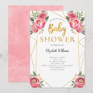 Pink Flowers Geometric Frame Baby Shower Invitation