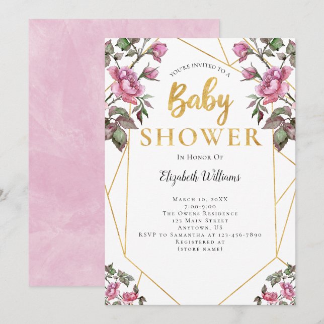 Pink Flowers Geometric Frame Baby Shower Invitation (Front/Back)