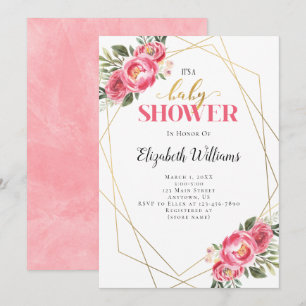 Pink Flowers Geometric Frame Baby Shower Invitation