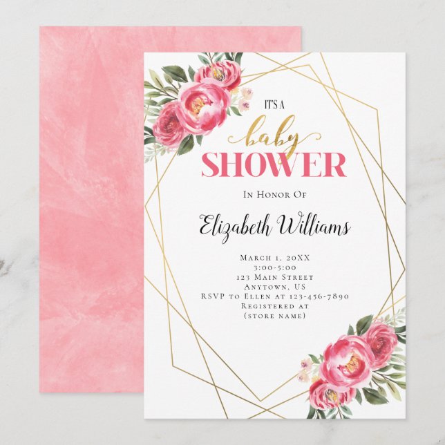 Pink Flowers Geometric Frame Baby Shower Invitation (Front/Back)