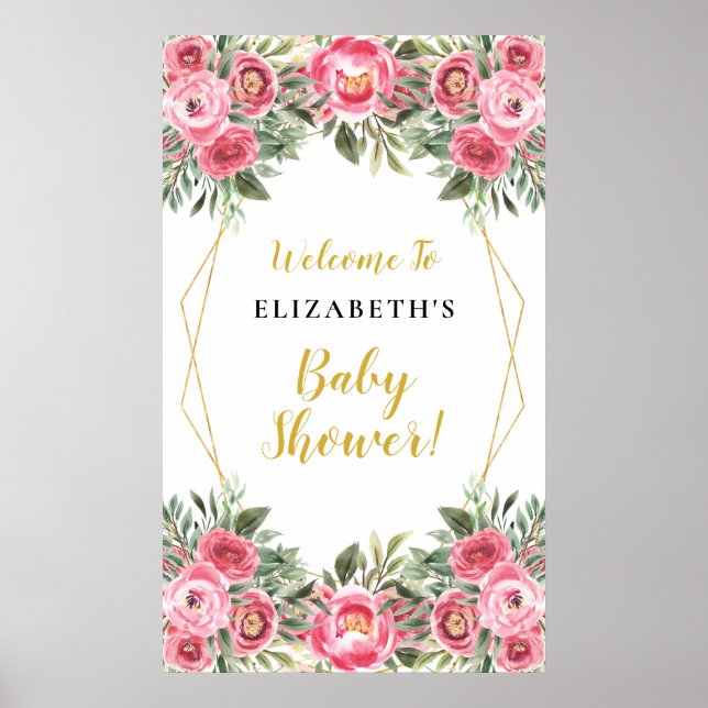 Pink Flowers Geometric Frame Baby Shower Sign (Front)
