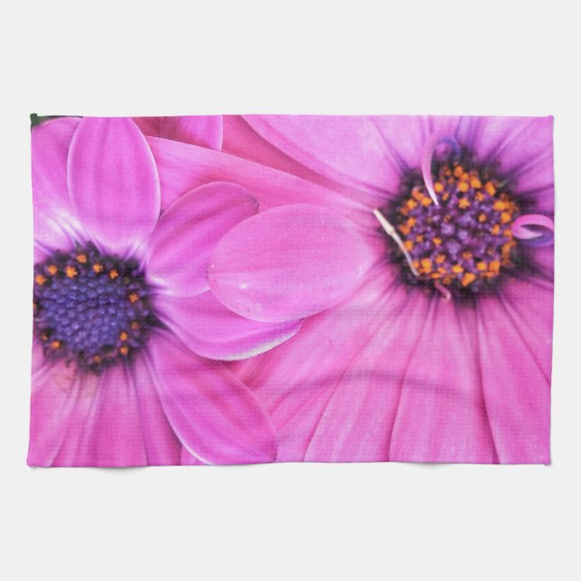 Pink Flowers Gerbera Daisy Floral Tea Towel (Horizontal)
