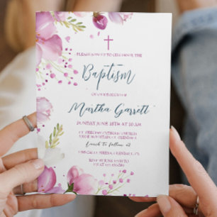 Pink Flowers Girl Baptism Christening  Invitation