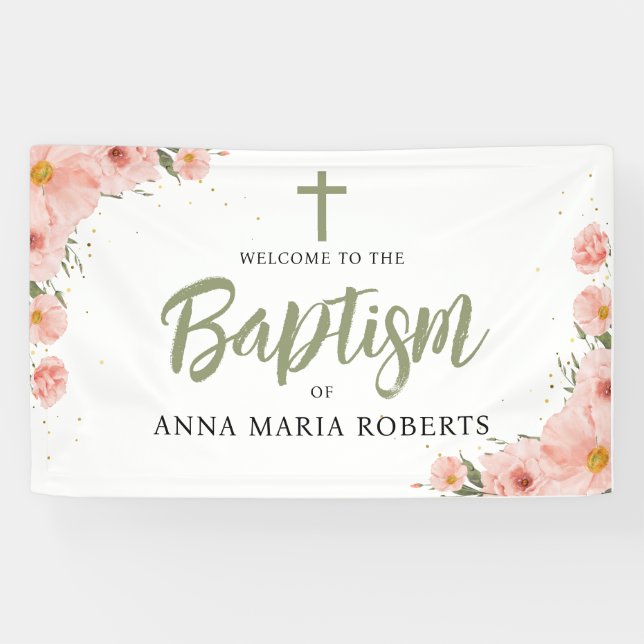  Pink Flowers Girl Baptism Green Welcome Banner (Horizontal)