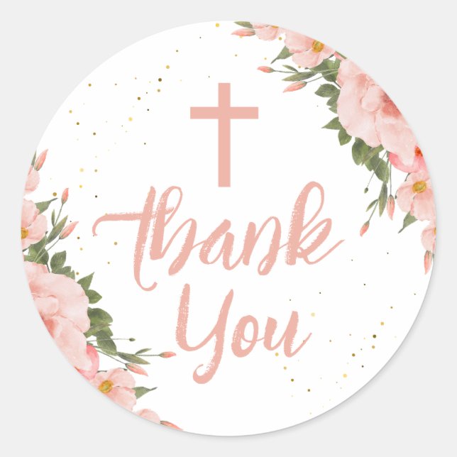 Pink Flowers Girl Baptism Thank You Classic Round Sticker (Front)