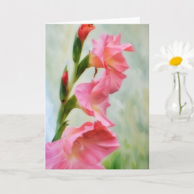 Pink Flowers Gladiolus Art Note Card (Small Plant)