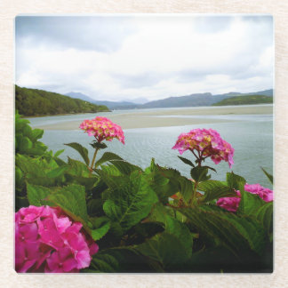 Pink flowers glass coaster
