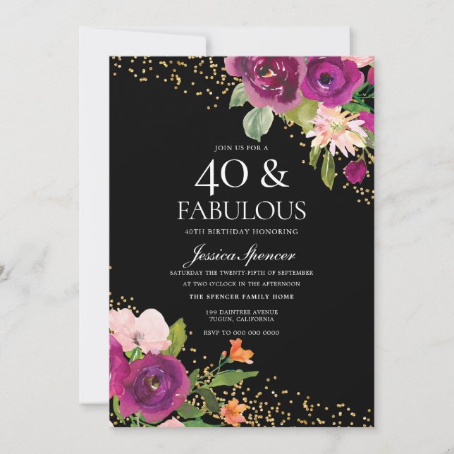 Pink Flowers Glitter Black 40th Birthday Party Invitation (Front)