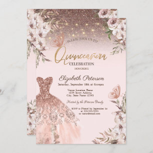 Pink Flowers Glitter Butterflies Dress Quinceañera Invitation