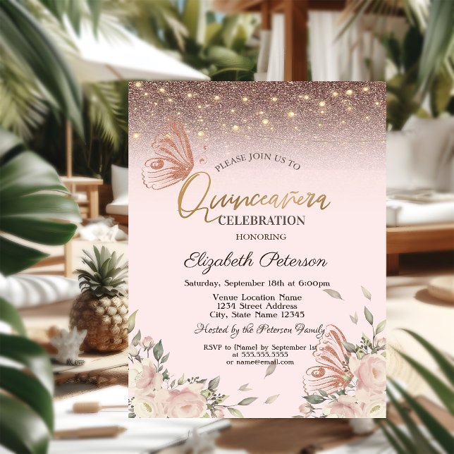 Pink Flowers Glitter Butterflies Quinceañera Invitation (Creator Uploaded)