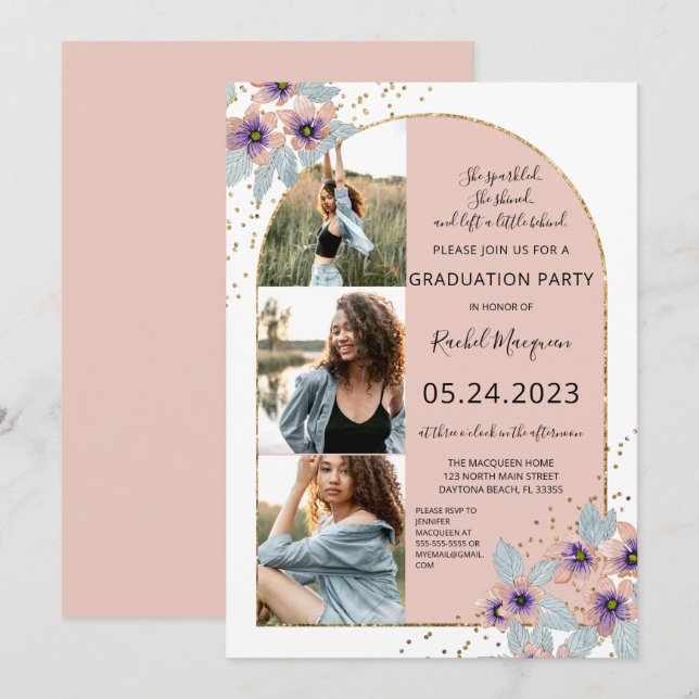 Pink Flowers Glitter Confetti Photo Graduation Invitation (Front/Back)