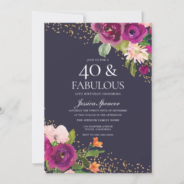 Pink Flowers Glitter Purple 40th Birthday Party Invitation (Front)