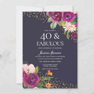 Pink Flowers Glitter Purple 40th Birthday Party Invitation