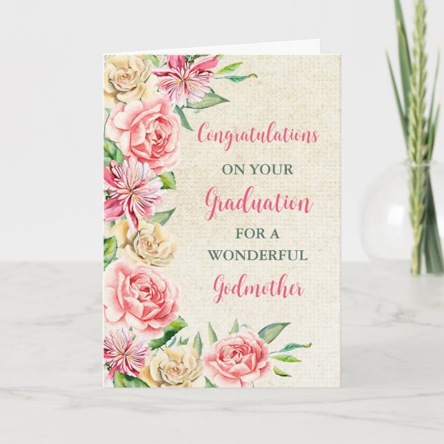 Pink Flowers Godmother Congratulations Graduation Card (Front)