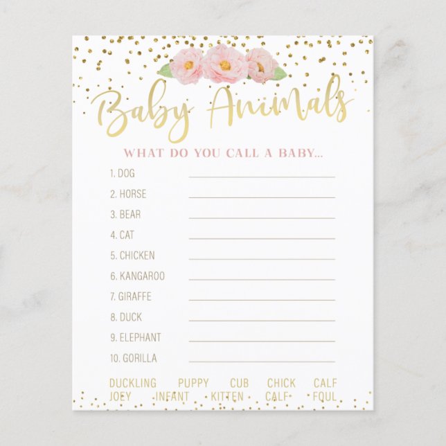 Pink Flowers Gold Accent Baby Animals Shower Game (Front)