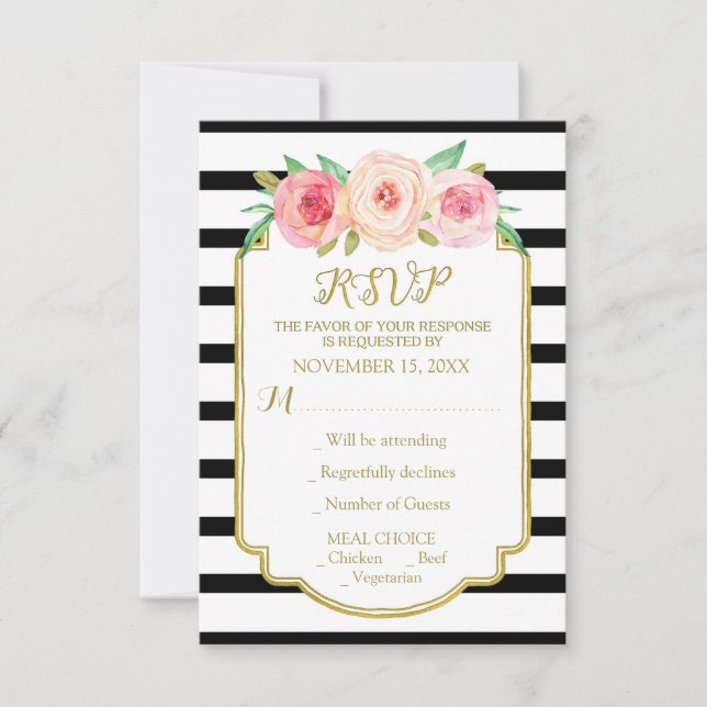 Pink Flowers Gold Black White Stripes Wedding RSVP (Front)