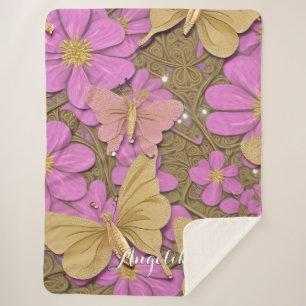 Pink Flowers, Gold Butterflies, and Your Name  Sherpa Blanket