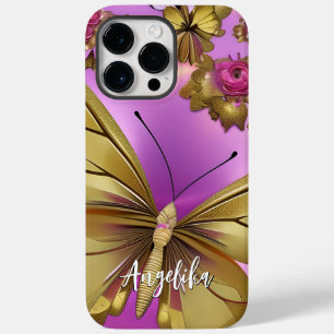 Pink Flowers Gold Butterflies Personalised Name Case-Mate iPhone 14 Pro Max Case
