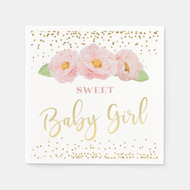 Pink Flowers Gold Confetti Sweet Baby Girl Shower  Napkin (Front)