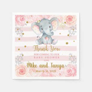 Pink flowers & gold elephant baby shower napkins. napkin