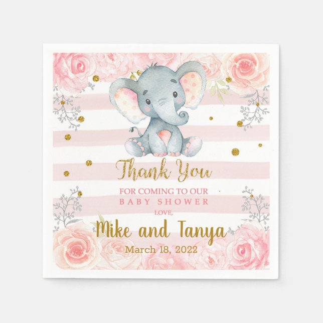 Pink flowers & gold elephant baby shower napkins. napkin (Front)