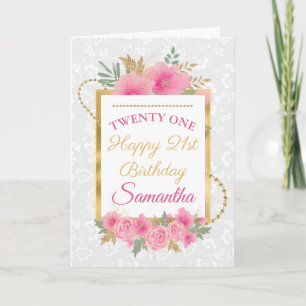 Pink Flowers Gold Foil Happy Birthday Card
