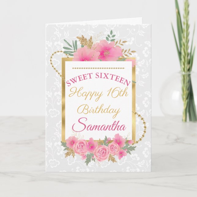 Pink Flowers Gold Foil Sweet Sixteen Card (Front)